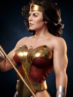 3D render of Wonder Woman in gold armor holding a lasso, with a red star tiara against a dark blue background (left-facing gaze).
