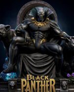 Black Panther statue seated on a throne, black suit with gold accents and a bold necklace, dramatic lighting.