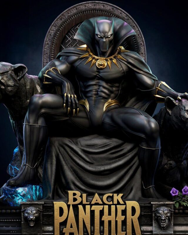 Black Panther statue seated on a throne, black suit with gold accents and a bold necklace, dramatic lighting.