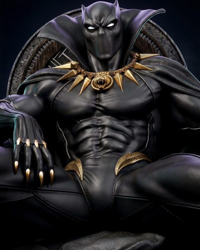 Dark armored villain seated on a throne, wearing a gold spiked necklace and clawed gauntlets
