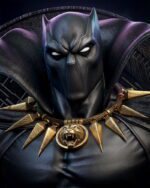 Close-up of a Batman-like hero in a black armored suit, with a high cape and a gold spiked necklace featuring a lion medallion.