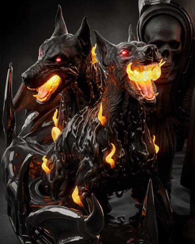 Two black hellhounds with flaming mouths and glowing red eyes in a dark scene, flames licking their bodies.