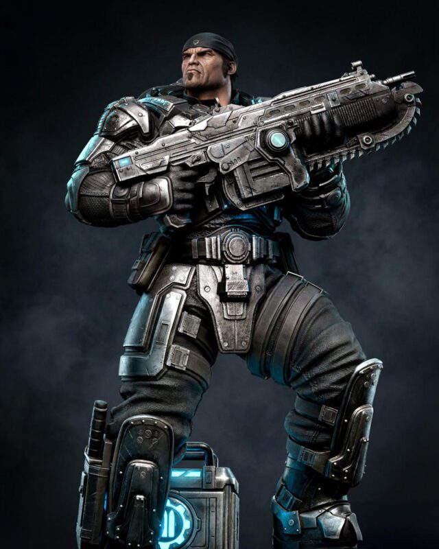 Futuristic armored soldier in a heavy exosuit holding a large sci-fi rifle against a dark backdrop.