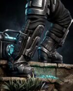 Futuristic armored leg and boot with blue neon accents standing on a stone ledge.