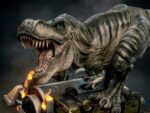 Tyrannosaurus rex statue with open jaws on a rusty steampunk platform with glowing flames against a dark background, roaring forward.