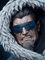 Close-up of a man wearing blue, angular goggles and a white fur-lined hood, snarling at the camera.