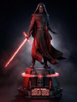Kylo Ren action figure standing on a circular display pedestal, wielding a red-lit lightsaber amid a smoky dark background.