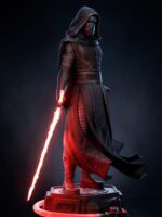 Hooded action figure of Kylo Ren wielding a red lightsaber, standing on a display pedestal against a dark backdrop.