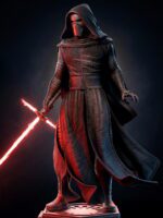 Hooded dark warrior figure with a glowing red lightsaber standing on a display pedestal.