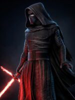 Dark, hooded figure in textured cloak holding a glowing red cross-guard lightsaber, facing left against a dark background.