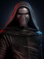 Dark, hooded figure wearing a metallic mask and armor, illuminated with red and blue lighting in a dramatic portrait.