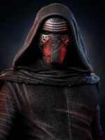 Star Wars: Kylo Ren in a dark hood with a cracked red mask, glowing red light behind him.