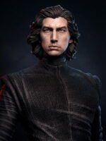 Stylized portrait of a serious man with shoulder-length dark hair in a textured dark tunic against a dark blue background.