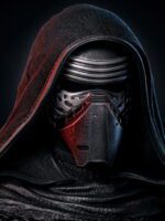 Hooded figure wearing a glossy black helmet and face mask, lit with red and blue highlights.
