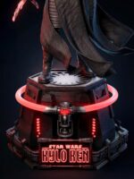 Kylo Ren statue standing on a circular, sci-fi pedestal with a glowing red ring and neon 'STAR WARS KYLO REN' sign at the base.