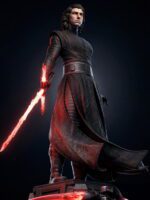 Darth Vader-inspired figure in black armor and cape, standing on a platform with a glowing red lightsaber against a dark background.