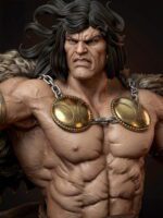 Muscular fantasy barbarian with long black hair, fur cloak, and gold chest armor, flexing his chest and scowling menacingly.