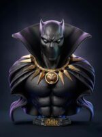 Bust of Black Panther wearing a textured black suit, a purple cape, and a gold spiked necklace, with a base that reads 'Black Panther'.