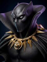 Close-up of a dark armored figure with a purple hood and a heavy gold spiked necklace featuring a tiger head medallion.