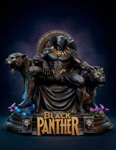 Black Panther statue seated on a throne flanked by two panthers, with the 'Black Panther' title on the base and vibrant details around it.
