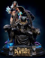 Statue of Black Panther seated on a throne, flanked by two panther sculptures, with a female sorceress standing behind and a 'Black Panther' plaque below.