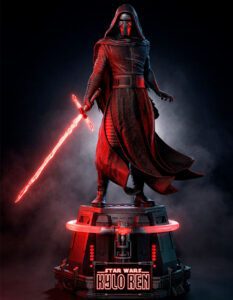 Kylo Ren statue standing on a display base with a glowing red lightsaber and smoky background.