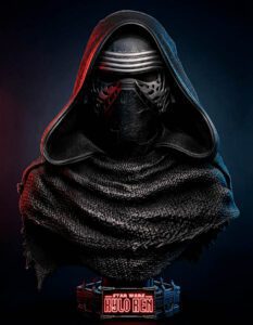 Bust of Kylo Ren in a dark hood and scarf, with his mask visible under dramatic red/blue lighting on a display base.