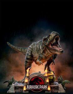 Tyrant dinosaur on a Jurassic Park podium in the rain, roaring with flames and foliage around the base.