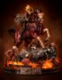 Statue of Ghost Rider on a blazing horse, flames and skeletal figures around a rocky base.